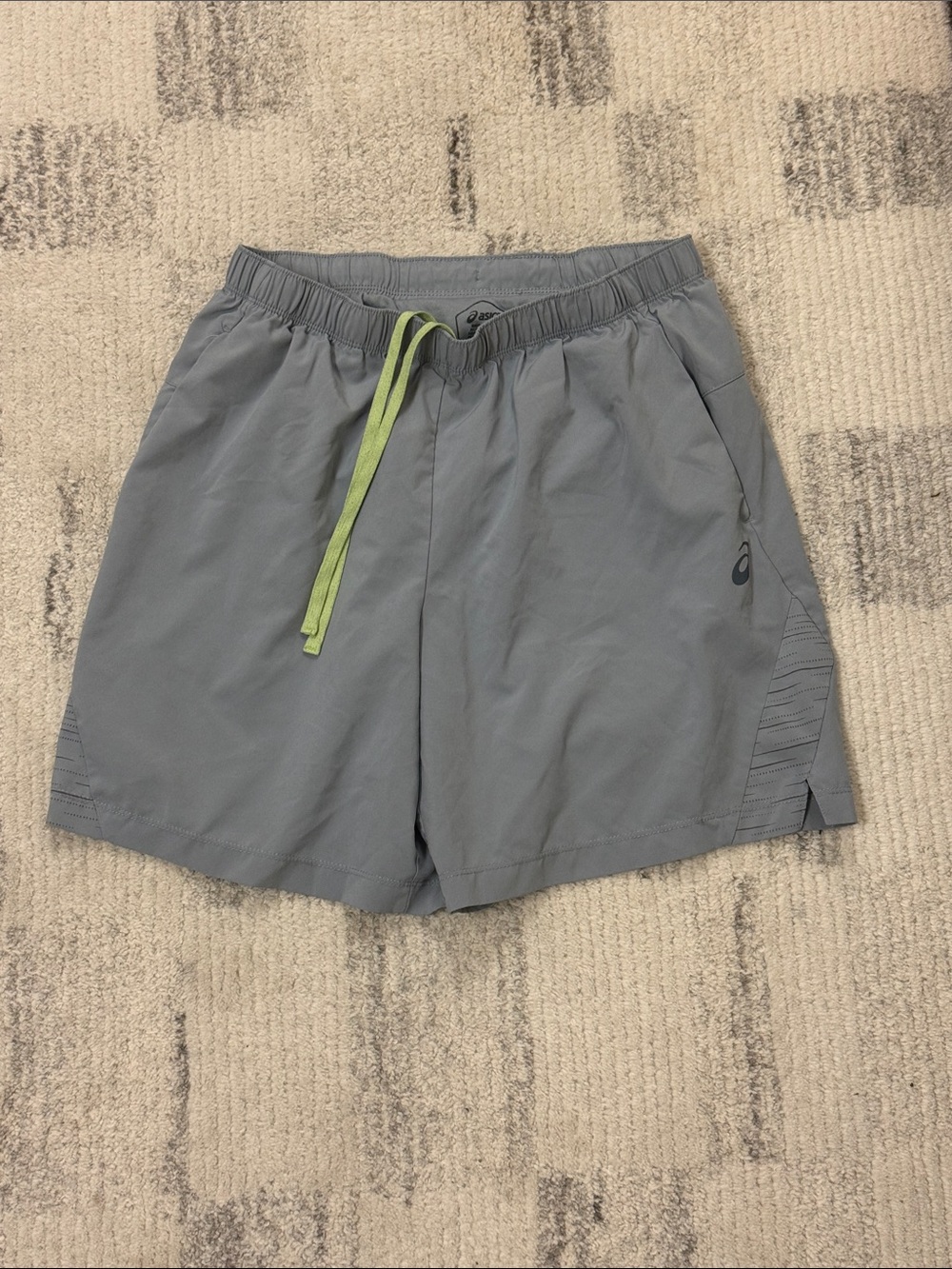 ASICS Gray Athletic Shorts with Lime Drawstring